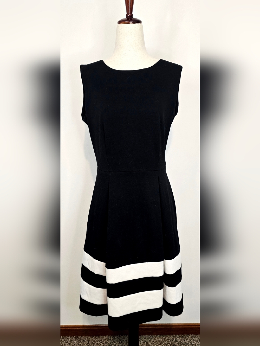 Calvin Klein Black Fit Flare Dress White Stripe Preppy Sleeveless Work Classic